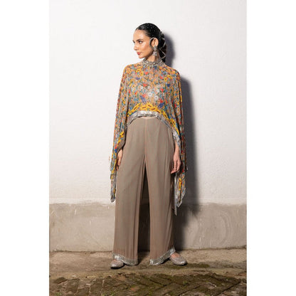 Saksham & Neharicka Brown Pastel Printed, Embroidered Top with Pant (Set of 2)