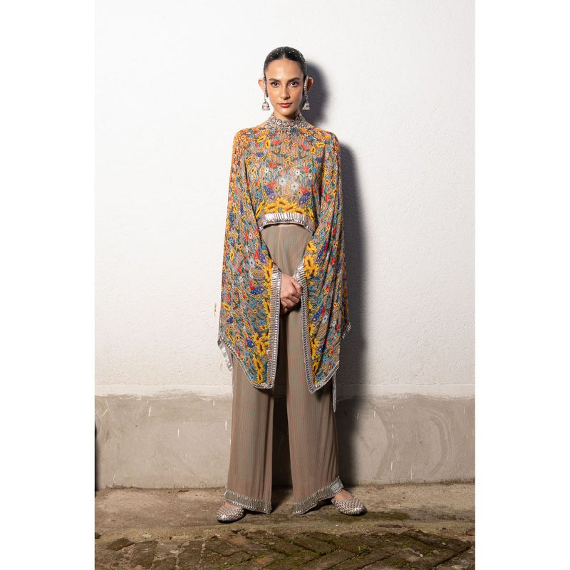 Saksham & Neharicka Brown Pastel Printed, Embroidered Top with Pant (Set of 2)