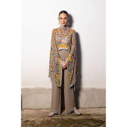 Saksham & Neharicka Brown Pastel Printed, Embroidered Top with Pant (Set of 2)