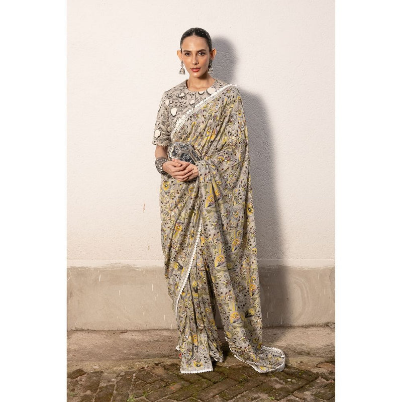 Saksham & Neharicka Grey Printed Saree with Stitched Blouse