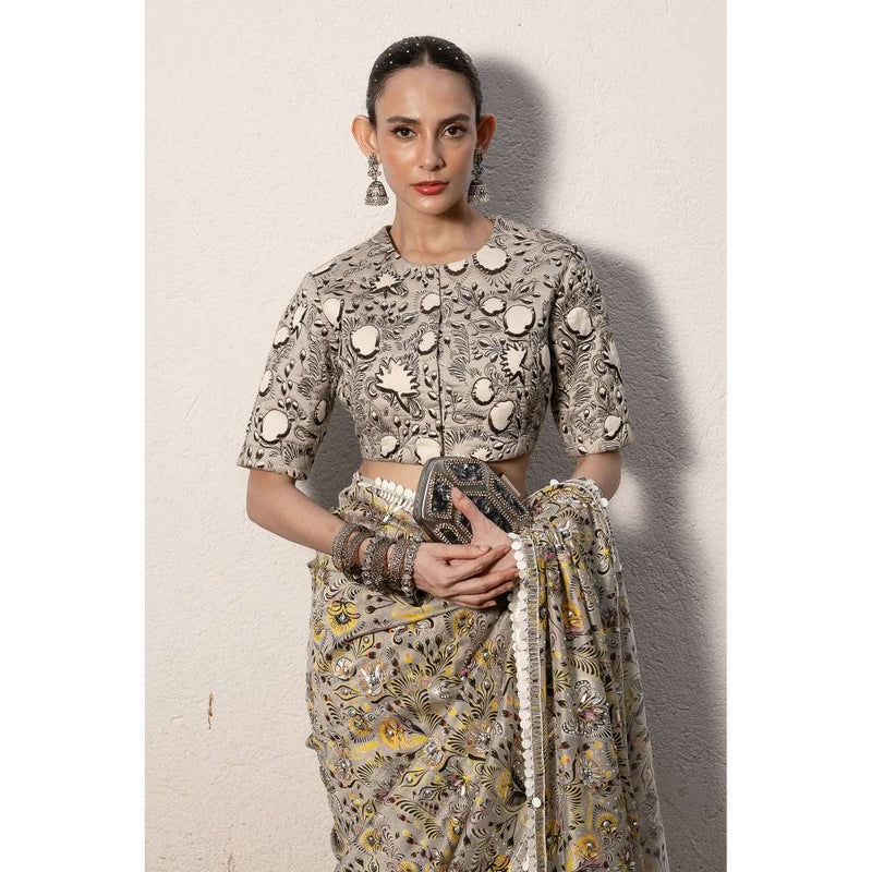 Saksham & Neharicka Grey Printed Saree with Stitched Blouse