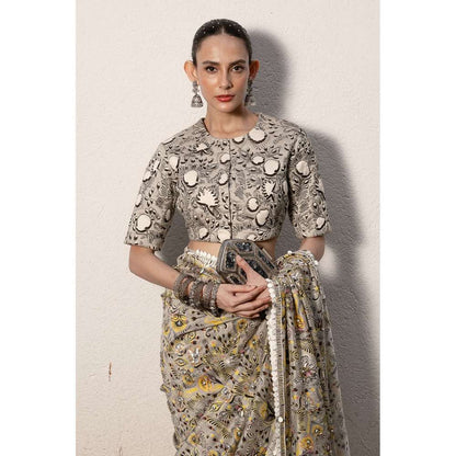 Saksham & Neharicka Grey Printed Saree with Stitched Blouse