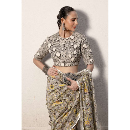 Saksham & Neharicka Grey Printed Saree with Stitched Blouse