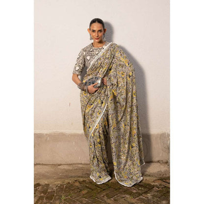Saksham & Neharicka Grey Printed Saree with Stitched Blouse
