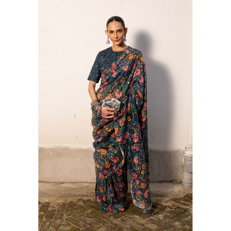 Saksham & Neharicka Blue Printed Saree with Stitched Blouse