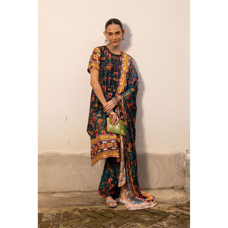 Saksham & Neharicka Green Printed Kurta with Palazzo and Dupatta (Set of 3)