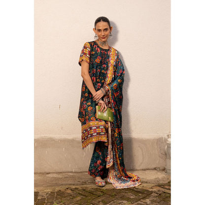 Saksham & Neharicka Green Printed Kurta with Palazzo and Dupatta (Set of 3)