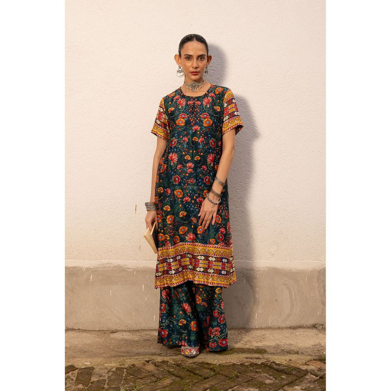 Saksham & Neharicka Green Printed Kurta with Palazzo and Dupatta (Set of 3)