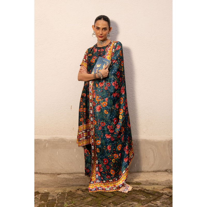 Saksham & Neharicka Green Printed Kurta with Palazzo and Dupatta (Set of 3)
