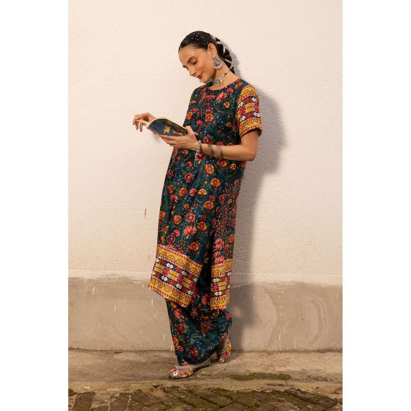 Saksham & Neharicka Green Printed Kurta with Palazzo and Dupatta (Set of 3)