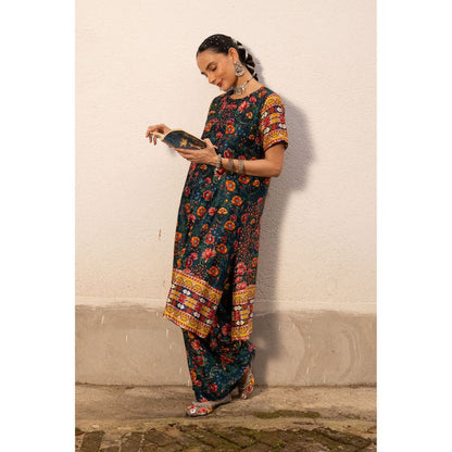 Saksham & Neharicka Green Printed Kurta with Palazzo and Dupatta (Set of 3)