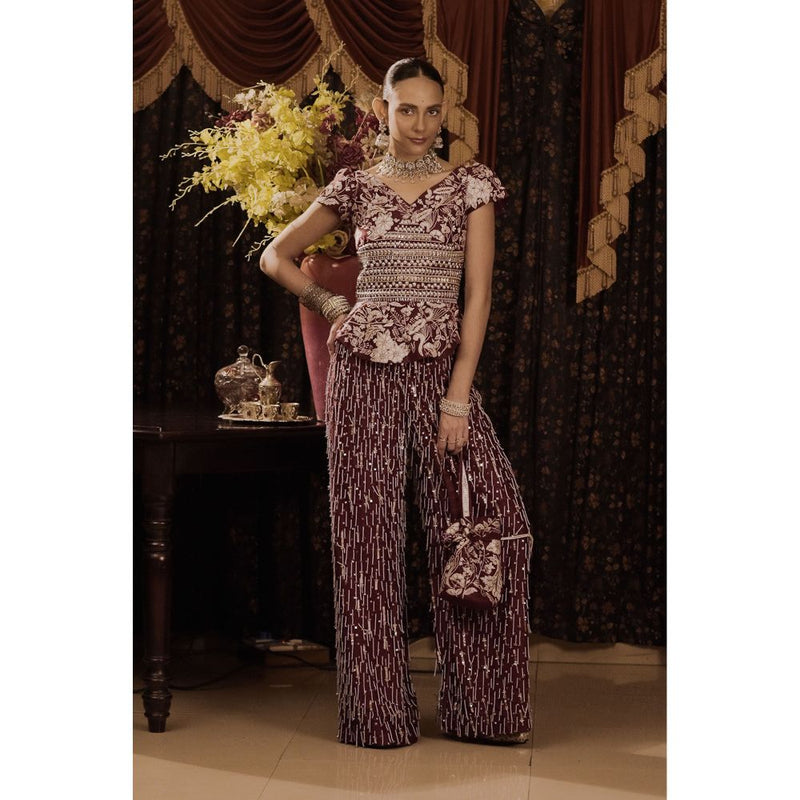 Saksham & Neharicka Maroon Embroidered Top with Palazzo and Dupatta (Set of 3)