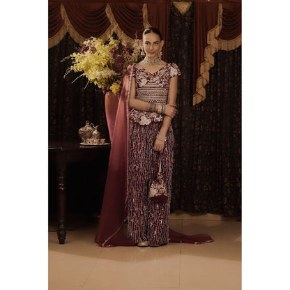 Saksham & Neharicka Maroon Embroidered Top with Palazzo and Dupatta (Set of 3)
