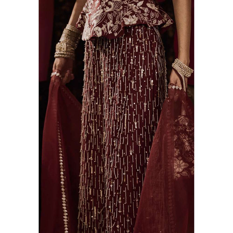 Saksham & Neharicka Maroon Embroidered Top with Palazzo and Dupatta (Set of 3)