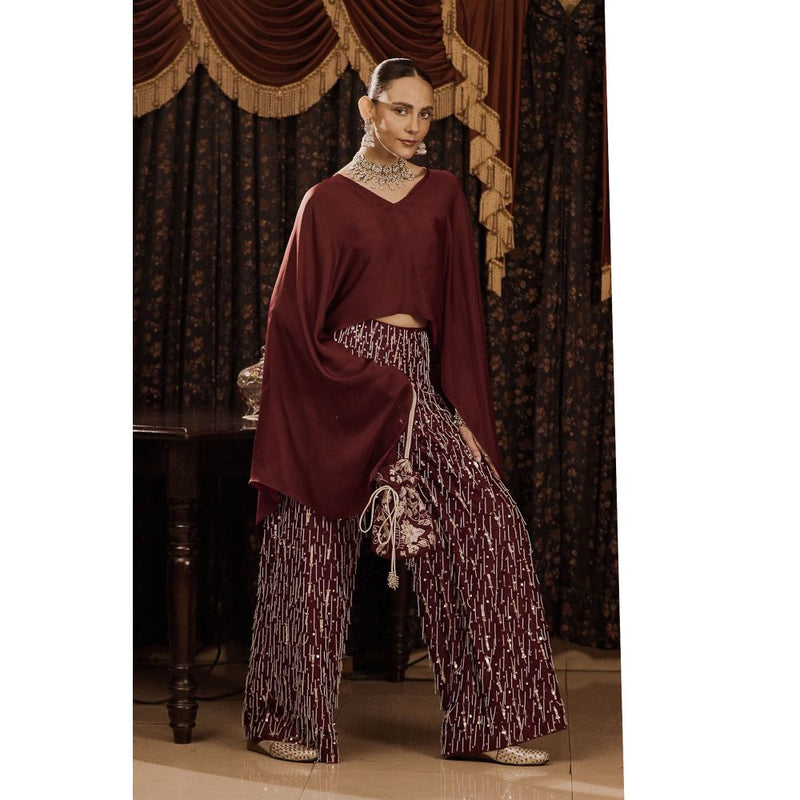Saksham & Neharicka Maroon Embroidered Top with Pant (Set of 2)