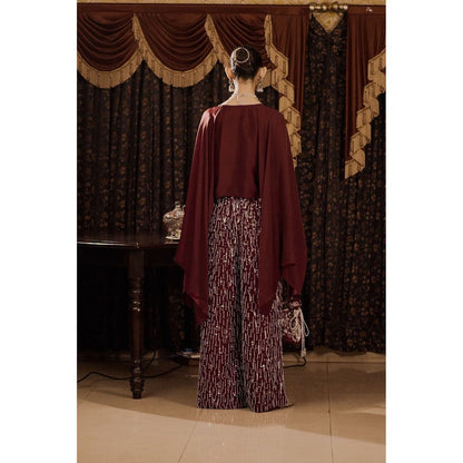 Saksham & Neharicka Maroon Embroidered Top with Pant (Set of 2)