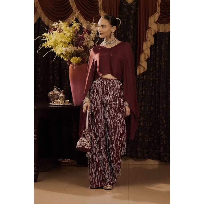 Saksham & Neharicka Maroon Embroidered Top with Pant (Set of 2)