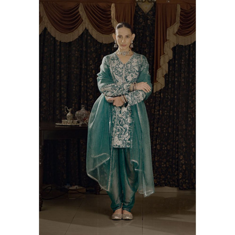 Saksham & Neharicka Teal Embroidered Kurta with Dhoti and Dupatta (Set of 3)