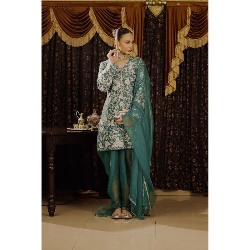 Saksham & Neharicka Teal Embroidered Kurta with Dhoti and Dupatta (Set of 3)