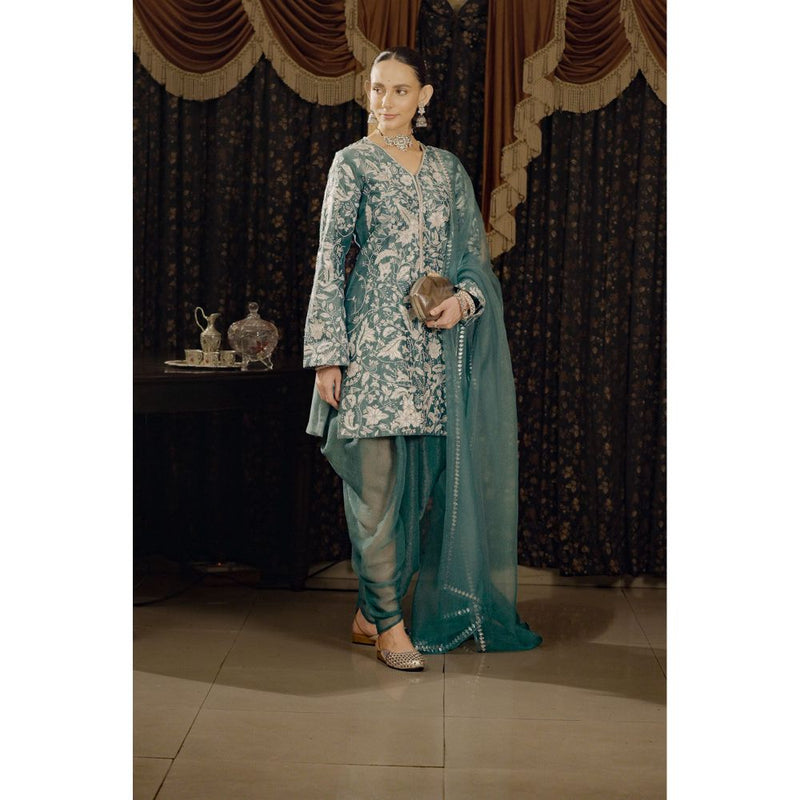 Saksham & Neharicka Teal Embroidered Kurta with Dhoti and Dupatta (Set of 3)