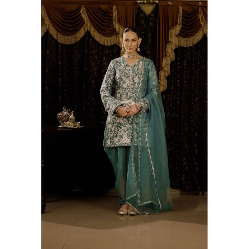 Saksham & Neharicka Teal Embroidered Kurta with Dhoti and Dupatta (Set of 3)