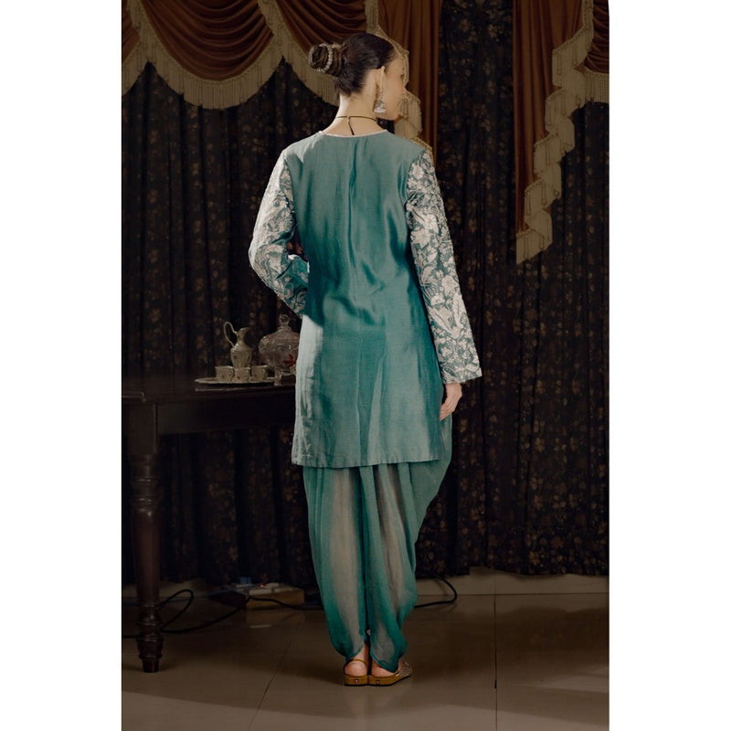 Saksham & Neharicka Teal Embroidered Kurta with Dhoti and Dupatta (Set of 3)