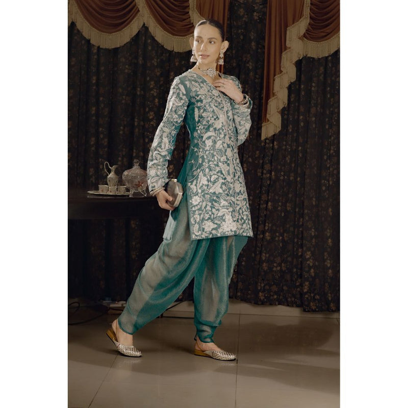 Saksham & Neharicka Teal Embroidered Kurta with Dhoti and Dupatta (Set of 3)