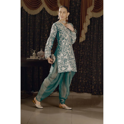 Saksham & Neharicka Teal Embroidered Kurta with Dhoti and Dupatta (Set of 3)