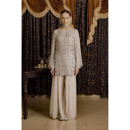 Saksham & Neharicka Ivory Embroidered Kurta with Palazzo and Dupatta (Set of 2)