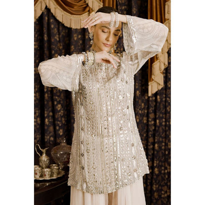 Saksham & Neharicka Ivory Embroidered Kurta with Palazzo and Dupatta (Set of 2)