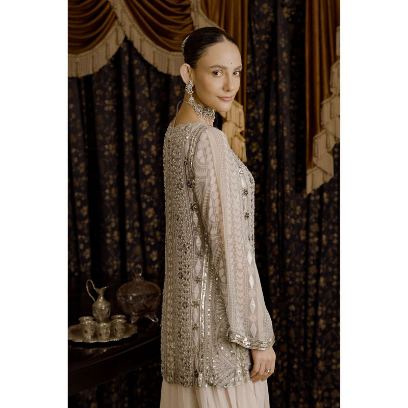 Saksham & Neharicka Ivory Embroidered Kurta with Palazzo and Dupatta (Set of 2)