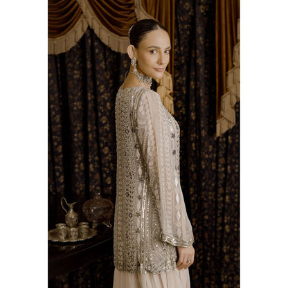 Saksham & Neharicka Ivory Embroidered Kurta with Palazzo and Dupatta (Set of 2)