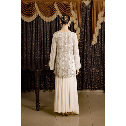 Saksham & Neharicka Ivory Embroidered Kurta with Palazzo and Dupatta (Set of 2)