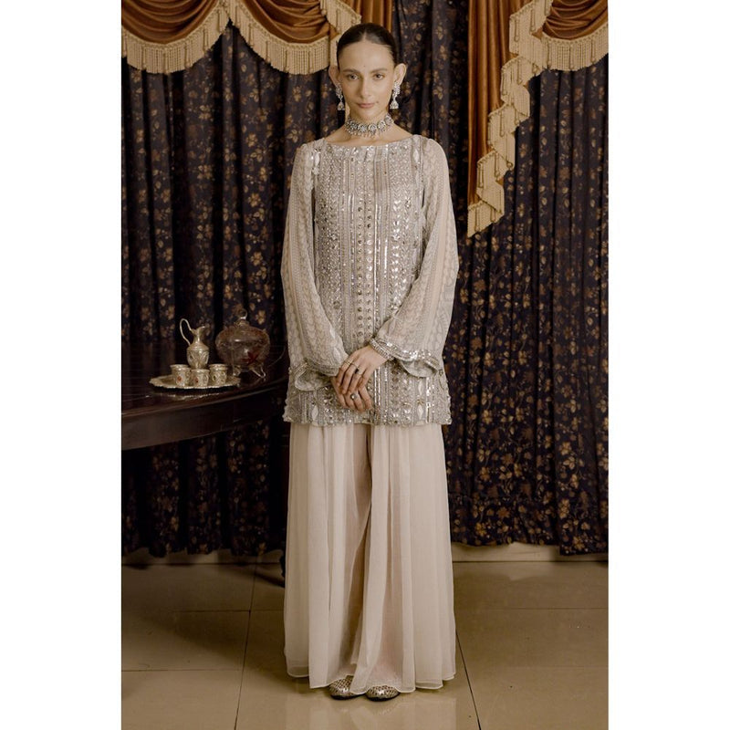 Saksham & Neharicka Ivory Embroidered Kurta with Palazzo and Dupatta (Set of 2)