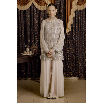 Saksham & Neharicka Ivory Embroidered Kurta with Palazzo and Dupatta (Set of 2)