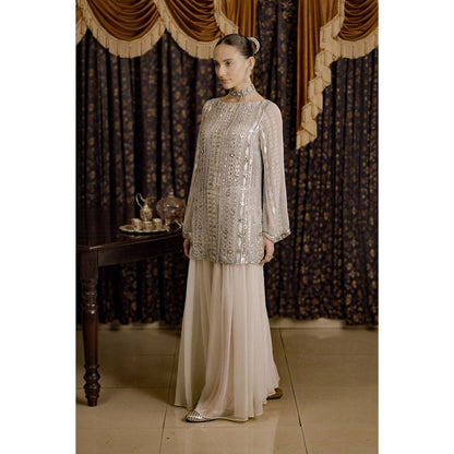 Saksham & Neharicka Ivory Embroidered Kurta with Palazzo and Dupatta (Set of 2)