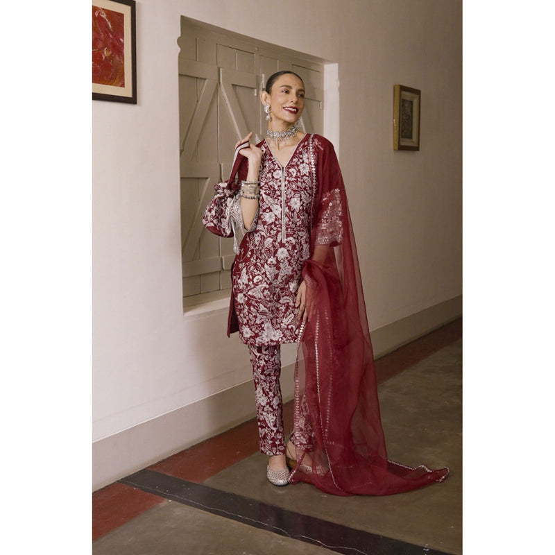 Saksham & Neharicka Maroon Embroidered Kurta with Pant and Dupatta (Set of 3)
