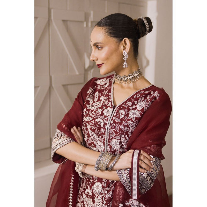 Saksham & Neharicka Maroon Embroidered Kurta with Pant and Dupatta (Set of 3)