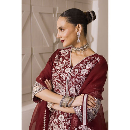 Saksham & Neharicka Maroon Embroidered Kurta with Pant and Dupatta (Set of 3)