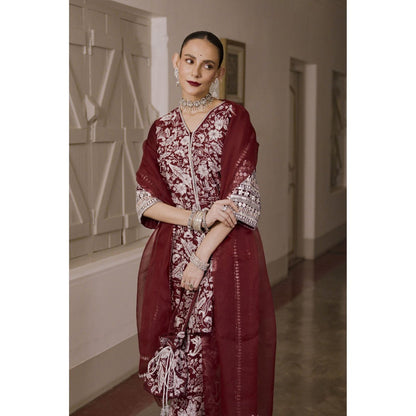Saksham & Neharicka Maroon Embroidered Kurta with Pant and Dupatta (Set of 3)