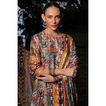 Saksham & Neharicka Grey Printed Kurta with Palazzo and Dupatta (Set of 3)