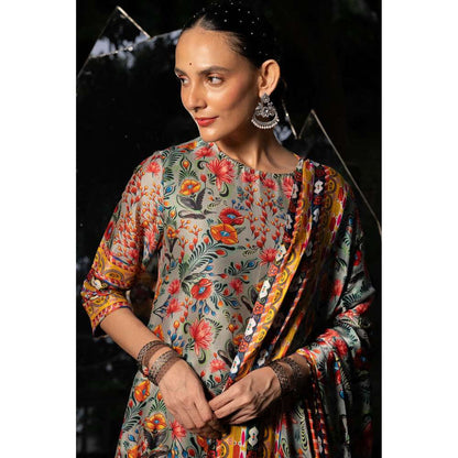 Saksham & Neharicka Grey Printed Kurta with Palazzo and Dupatta (Set of 3)