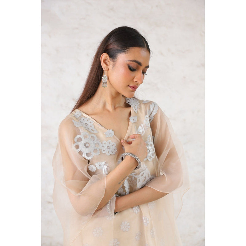 Saksham & Neharicka Beige Rupa Cape with Top and Pant (Set of 3)