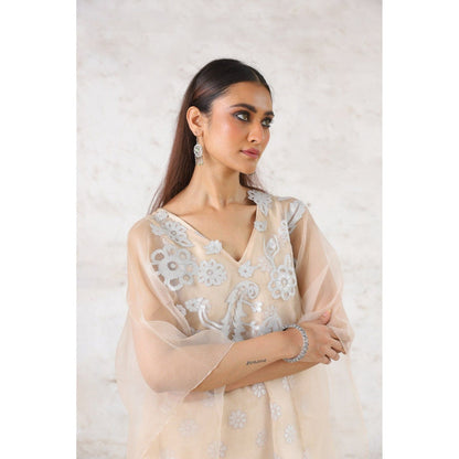 Saksham & Neharicka Beige Rupa Cape with Top and Pant (Set of 3)