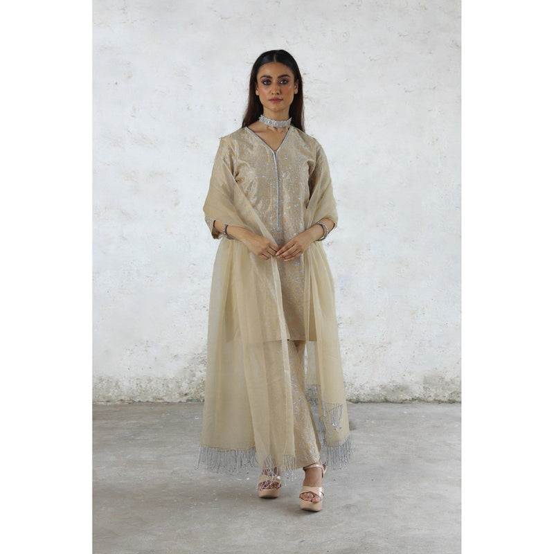 Saksham & Neharicka Beige Charulata Kurta with Pant and Dupatta (Set of 3)