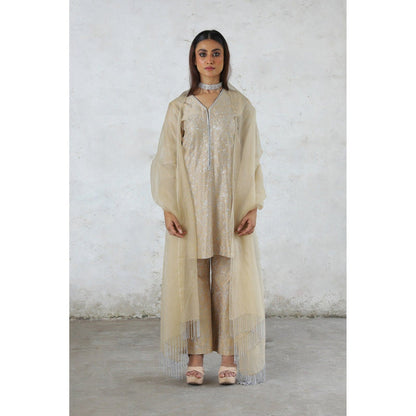 Saksham & Neharicka Beige Charulata Kurta with Pant and Dupatta (Set of 3)