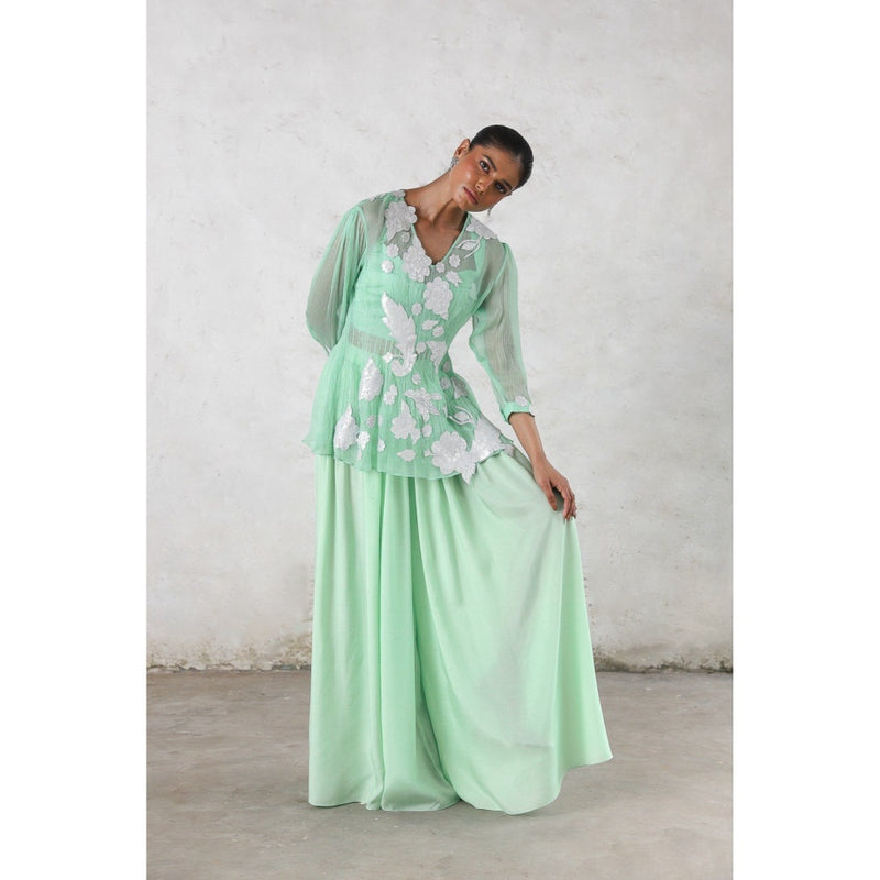 Saksham & Neharicka Green Tara Pallazzo with Top and Bustier (Set of 3)