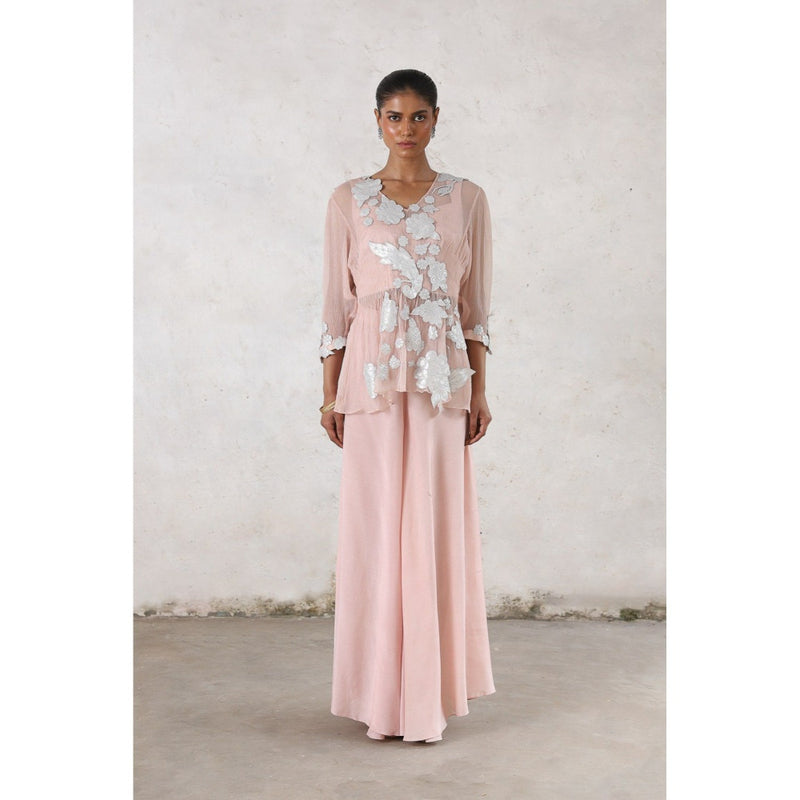 Saksham & Neharicka Pink Maitreyi Palazzo with Bustier and Top (Set of 3)