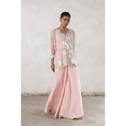 Saksham & Neharicka Pink Maitreyi Palazzo with Bustier and Top (Set of 3)