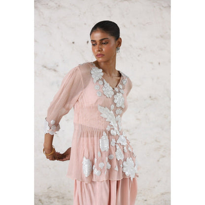 Saksham & Neharicka Pink Maitreyi Dhoti with Bustier and Top (Set of 3)